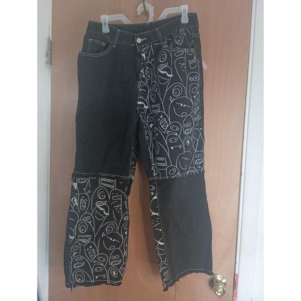 SHEIN  Patchwork Cartoon Baggy Black Curve Distressed Jeans - Size 0XLx24”
